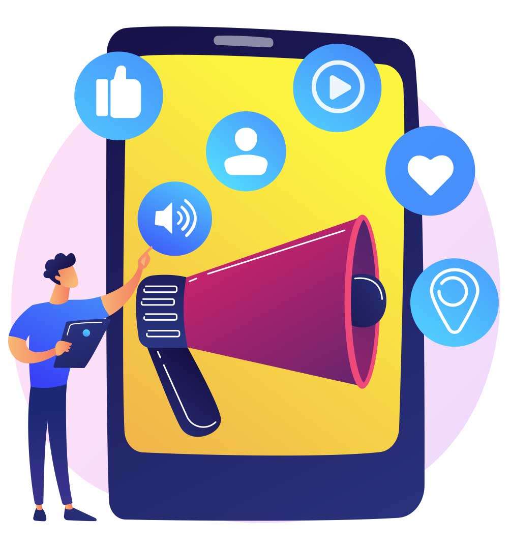 A man holding a megaphone promoting social media icons for branding and marketing purposes.