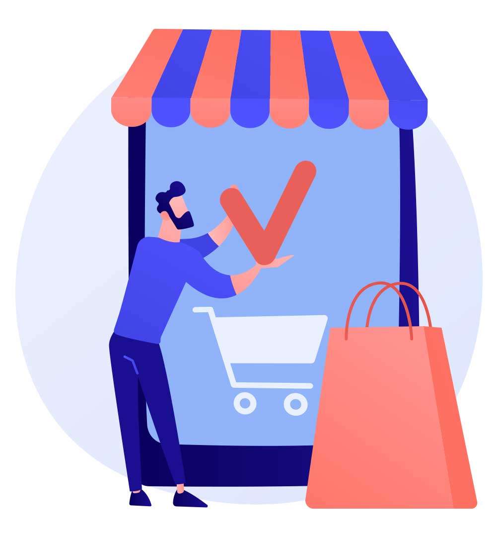 A man is standing in front of a branded shopping cart with a check mark on it.