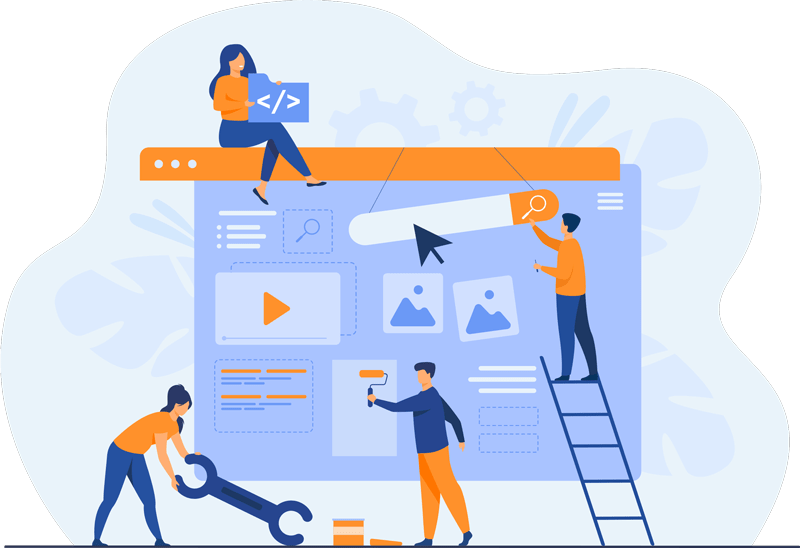 A group of people working on a website to help businesses grow online through marketing and SEO assistance.