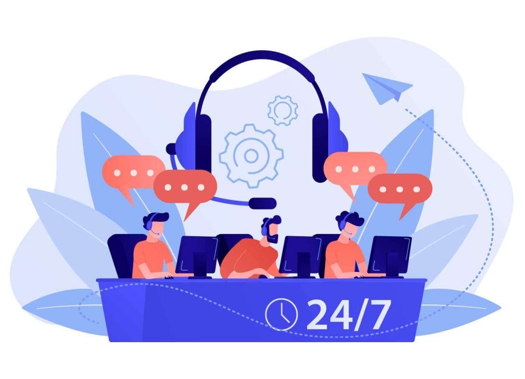A flat illustration of a call center with a headset on a desk, representing the business growth and online presence enhanced through SEO help and digital marketing.